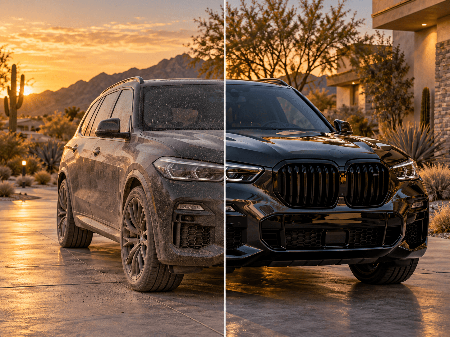 Full-size SUV exterior split before and after a complete mobile detail — dust-covered paint on the left, mirror-like finish on the right