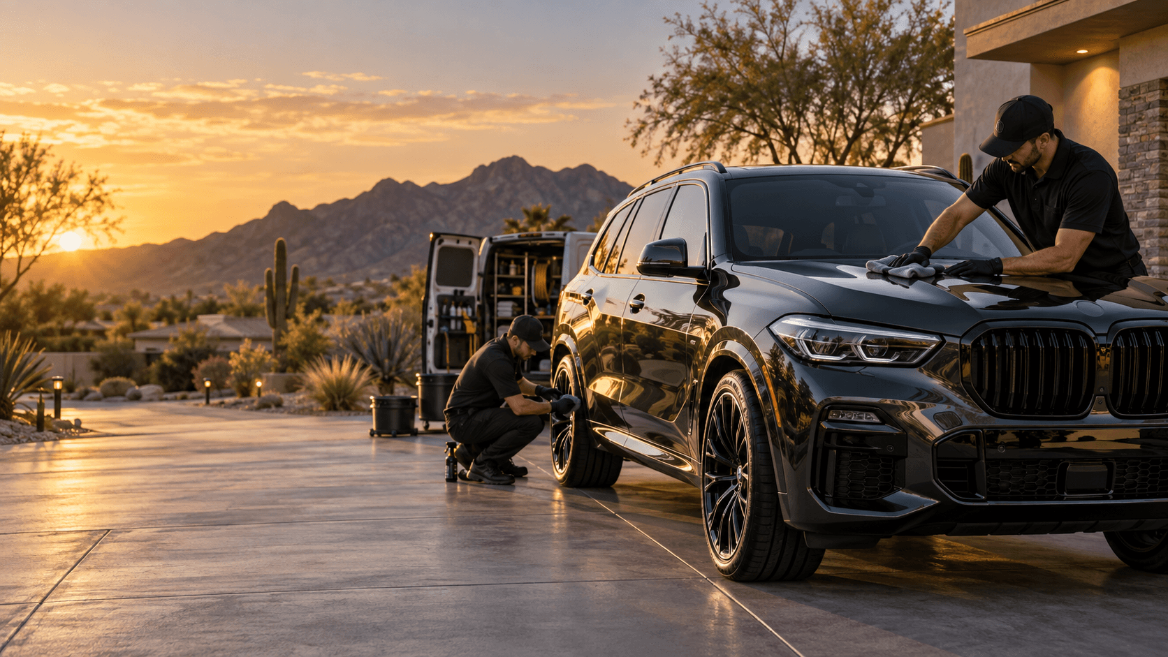 Desert Shine technicians hand-detailing a black SUV in a Chandler driveway at sunset, with the mobile detailing van and East Valley mountains in the background