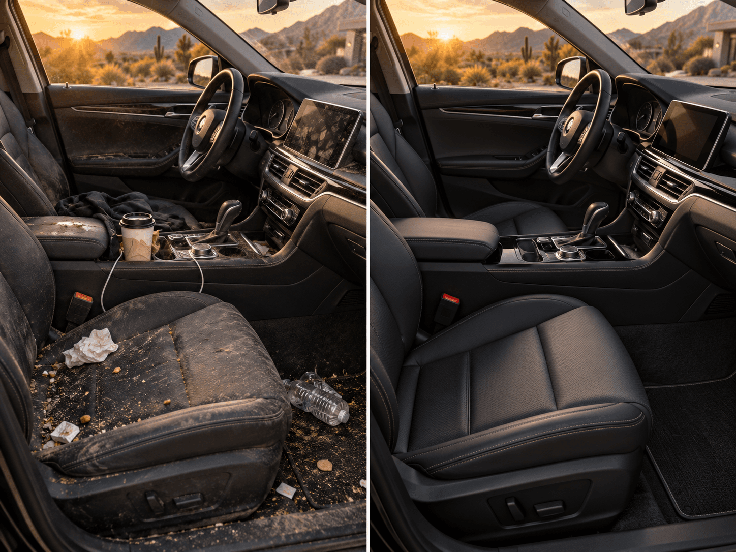 SUV front seats and dashboard split before and after a full interior detail — trash and dirt on the left, a spotless refreshed cabin on the right