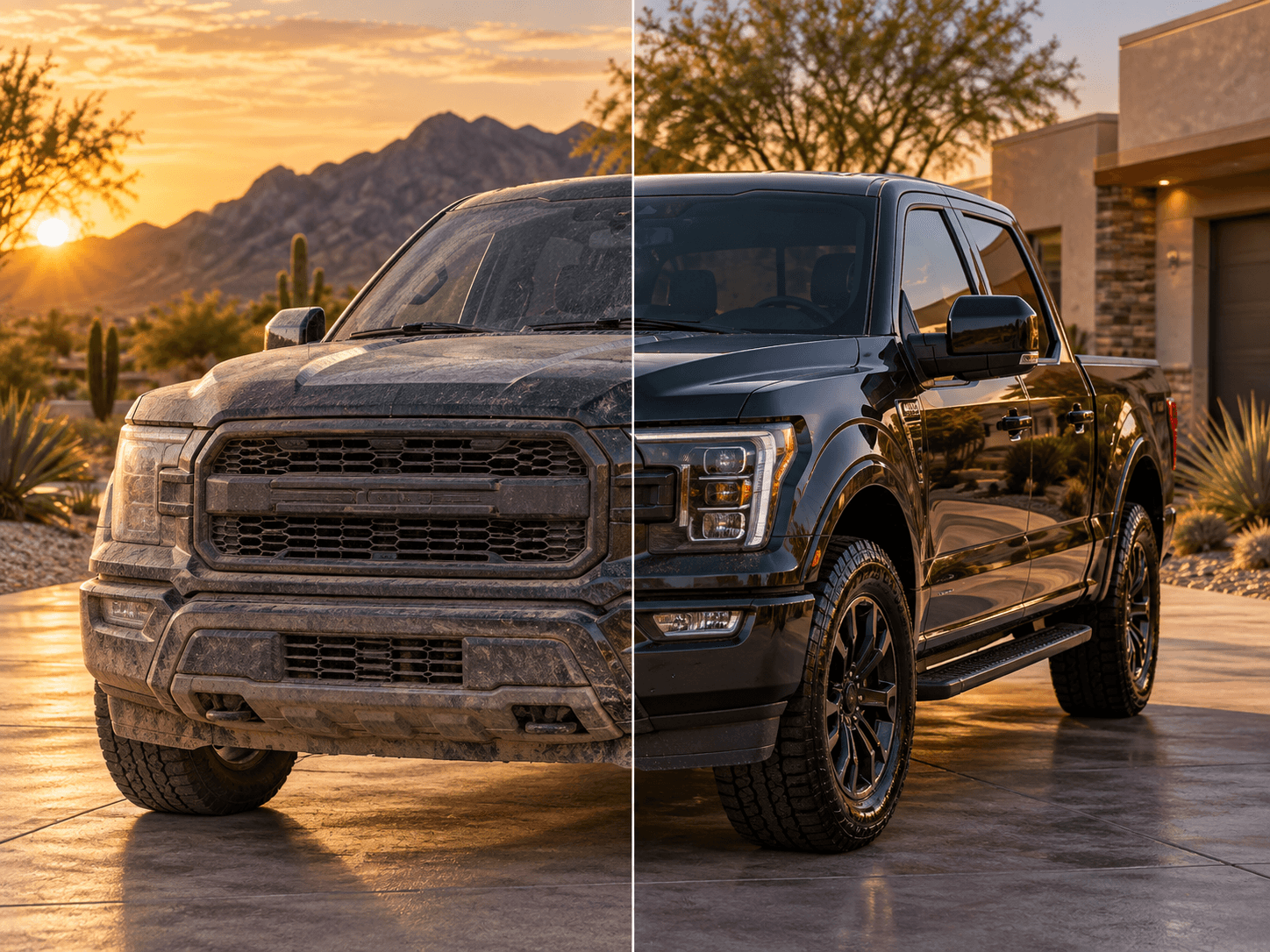 Pickup truck exterior split before and after an express detail — dust-caked grille on the left, clean glossy finish on the right